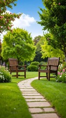 Lush garden path with benches