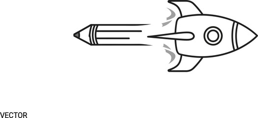 A creative vector illustration showcases a rocket ship cleverly designed with a pencil body, symbolizing innovation, education, and the power of ideas taking flight in a minimalist style.