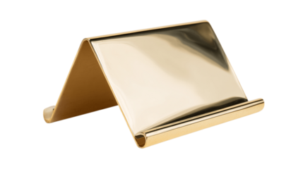 A polished brass recipe holder with smooth tapered edges, white background --ar 16:9