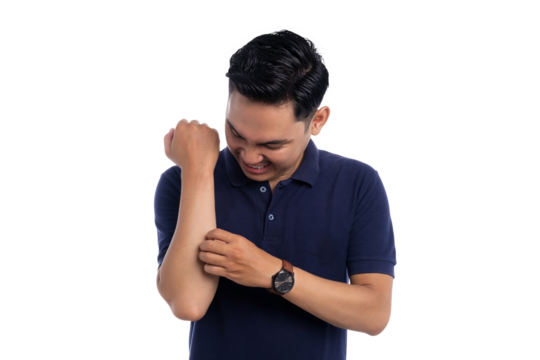 Asian man scratching his itchy arm with uncomfortable facial expression isolated on transparent background