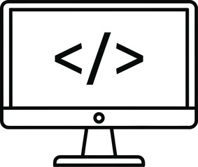 A minimalist line art illustration showcases a computer monitor displaying code symbols, ideal for representing software development, programming, and technology concepts in a clean design.