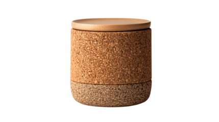 A sustainable cork coffee canister with protective felt base, white background --ar 16:9