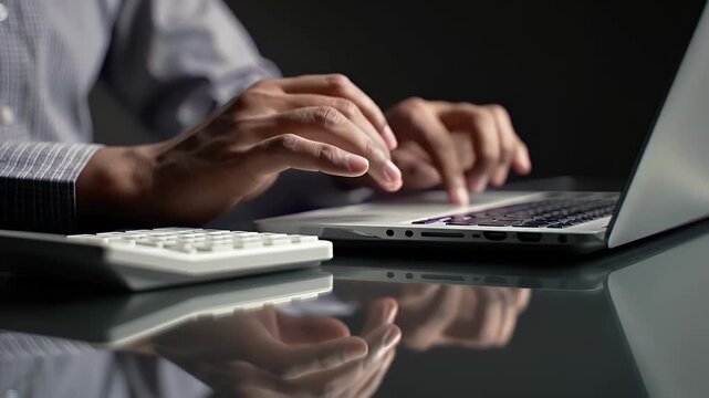 Person Typing On Laptop With Calculator On Reflective Surface In Dark Background