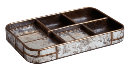 A vintage leather organizer tray with metallic inlay accents, white background --ar 16:9