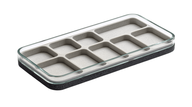 A tempered glass organizer tray with protective felt base, white background --ar 16:9