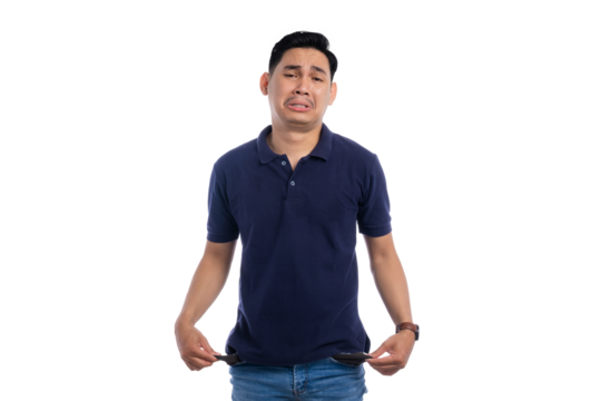 Sad Asian man showing empty pockets with disappointed facial expression isolated on transparent background