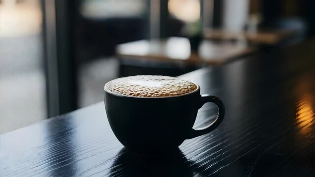 Close Up Black Coffee Cup with Latte Art On a Polished Dark Wood Table in Restaurant Setting Warm Lighting