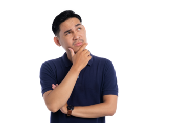 Thoughtful Asian man touching chin and looking up with thinking expression isolated on transparent background