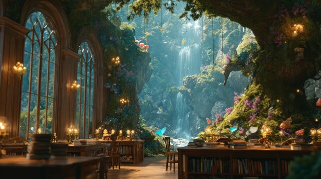 Enchanted Garden Library With Waterfall