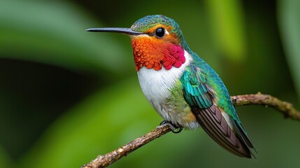 Obraz premium Vibrant hummingbird perched on branch, colorful plumage, tropical setting