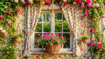 Shabby Chic Style Window Frame With Floral Curtain Design
