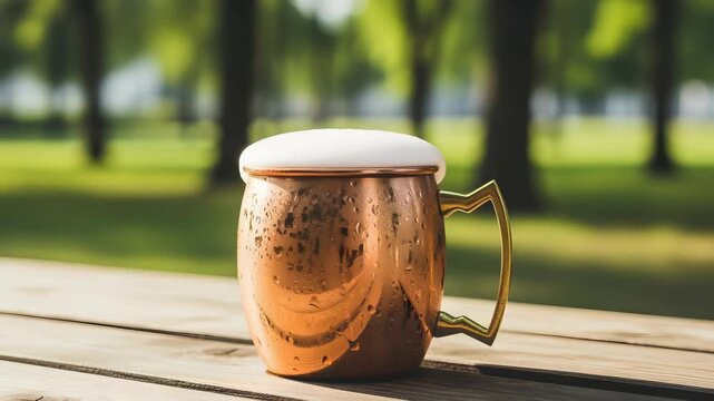 Copper Mug Cocktail with Condensation on Wooden Picnic Table Under Bright Sunlight In a Outdoor Background