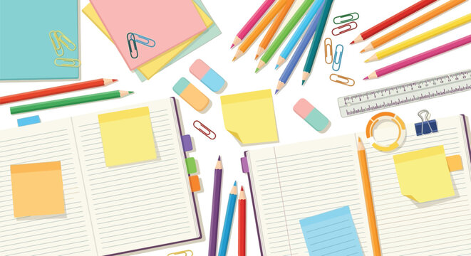Workstation setup with colorful pencils, notes, and notebooks for creative projects or education