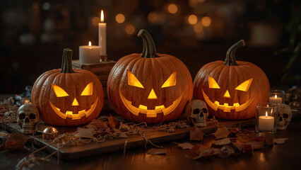 Halloween Still Life with Glowing Pumpkins – Cozy and Spooky Atmosphere