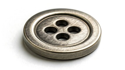 Close-up of a metallic button with four holes, isolated on a white background