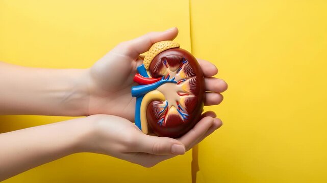 Detailed Human Kidney Model Displayed in Fair Skin Hands Against Bright Yellow Backdrop Medical Illustration
