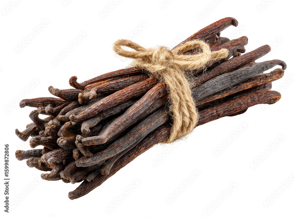 Poster vanilla bean bundle tied with twine on transparent background