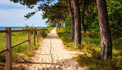 Sandy path through pine trees to the ocean