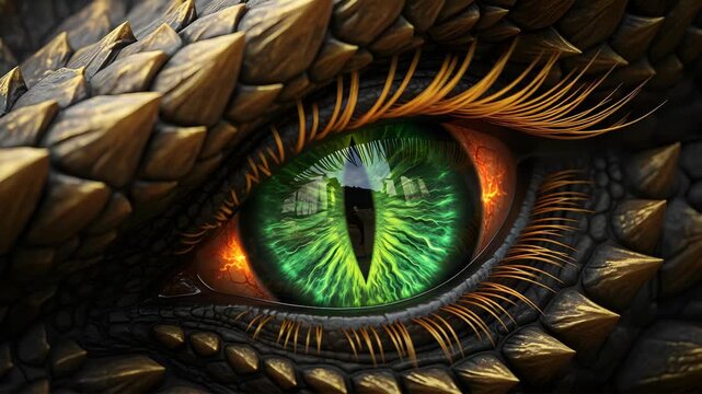 Dramatic Dragon Eye Close Up with Emerald Iris and Golden Scales Detailed Fantasy Reptile Eye