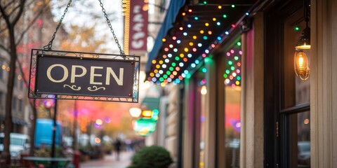 Open Sign Festive Street Photography Dark Brown Hanging Sign, Bokeh Lights, Business, Night, Cityscape Business Photography, Festive Lighting