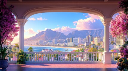 Panoramic city view from a luxurious balcony