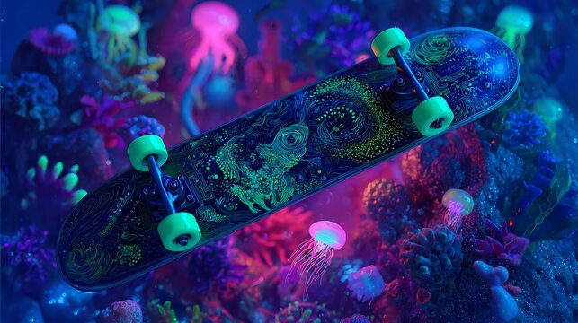 Glowing Skateboard In A Vibrant Underwater Scene