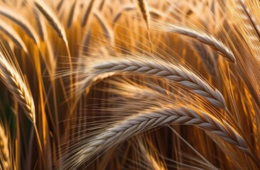 Bunch of golden wheat-rye ears on blue background close up view.