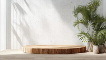 Light-filled room with wooden podium and plants
