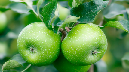 green apples on the branch of the tree close-up on the background of the garden. Selective focus. Agriculture. Green apples on the tree. Apple tree branch with fruits.