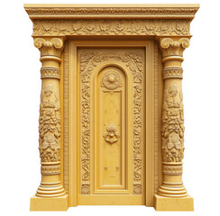 Obraz premium Ornate wooden doorway with detailed carvings and architectural elements isolated on transparent