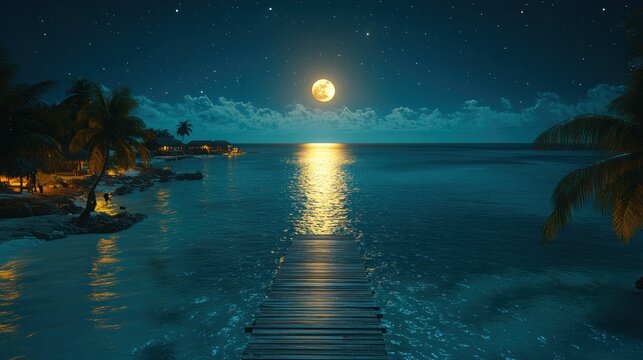 Peaceful moonlit beach at night