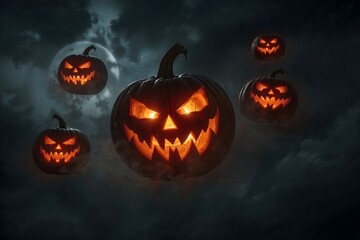Spooky Flying Jack o lanterns Glowing Eerie Orange Light in the Halloween Night Sky
