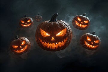 Spooky Flying Jack o lanterns Glowing Eerie Orange Light in the Halloween Night Sky