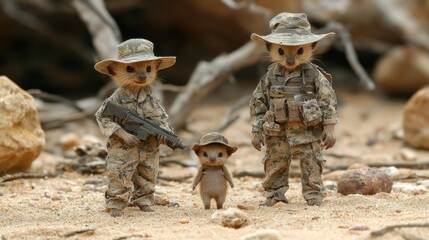 Obraz premium Adorable Meerkat Soldiers in Desert