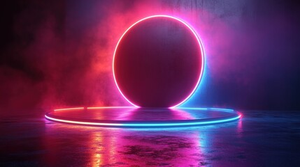Neon circle stage, vibrant colors, smoky