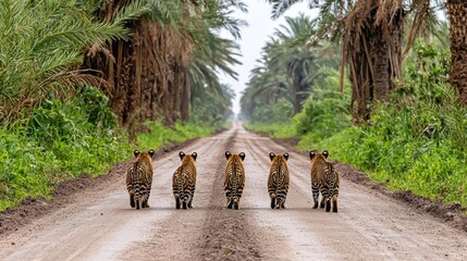 Five Tiger Cubs Walking Down a Palm Tree Lined Road