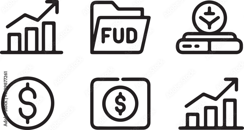 Poster minimalist line art icon set representing finance and cryptocurrency concepts including a folder lab