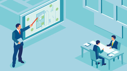 Man presenting a blueprint to two seated colleagues in an office setting with light blue background