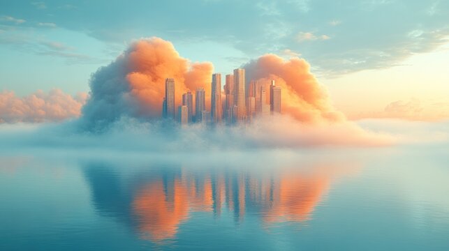 City on a cloud reflected in water