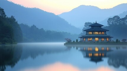 Naklejka premium Serene Pagoda on Misty Lake at Dawn