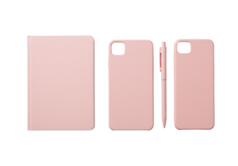 Three pink electronic device accessories including a tablet case phone case and stylus isolated on transparent background