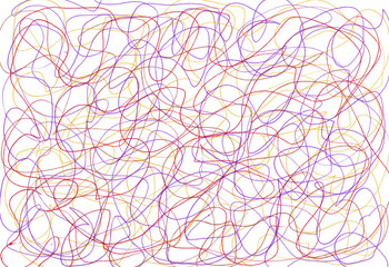 Fototapeta premium Abstract textured background of chaotic thin lines of different colors on a white background. Red, purple, yellow lines. Curved and wavy. Dynamically intersecting and forming squiggles. Ink pen.