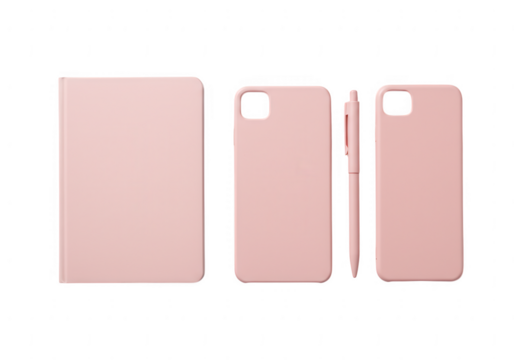 Three pink electronic device accessories including a tablet case phone case and stylus isolated on transparent background