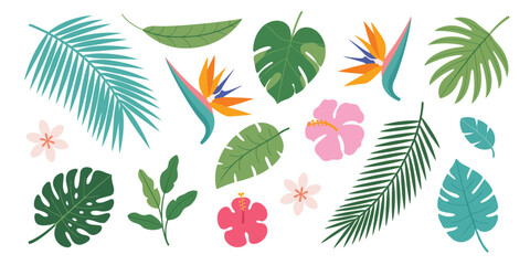 Fototapeta premium Tropical Leaves and Exotic Flowers Set – Palm, Banana Leaf, Hibiscus, Plumeria, Bird of Paradise – Vector Flat Cartoon Illustrations for Bouquets and Floral Designs