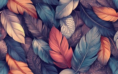A vibrant, seamless pattern of colorful feathers, some with a blue hue, showcasing the intricate texture and natural artistry of a bird's design, perfect for a decorative or textile background