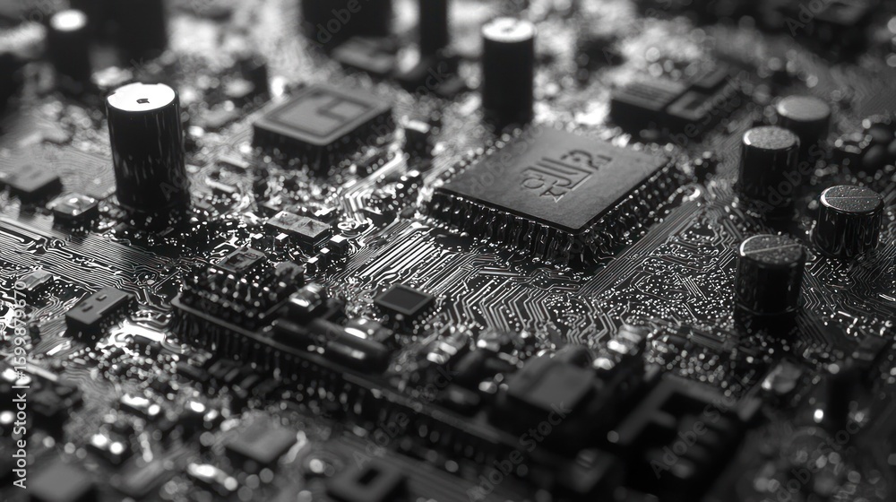 Poster close-up of a circuit board's intricate design and components