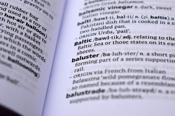 Close Up Of English Dictionary Page With Definition Word -Baluster