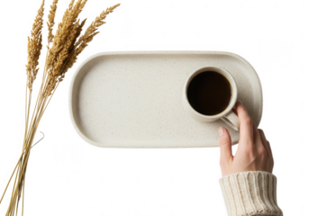 Cozy morning coffee ritual with dried wheat stalks on a speckled tray isolated on transparent background