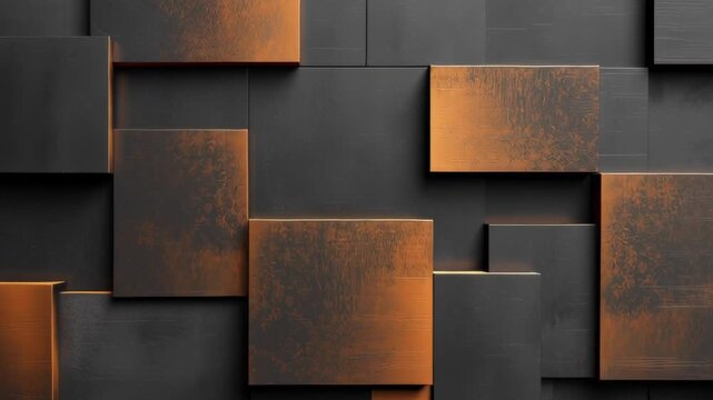 A black and orange wall made of square blocks. The blocks are arranged in a way that creates a sense of depth and texture. The wall appears to be a part of a larger design or artwork