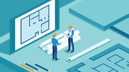 Isometric view of architects reviewing blueprints with laptop and tools on a blue background scene